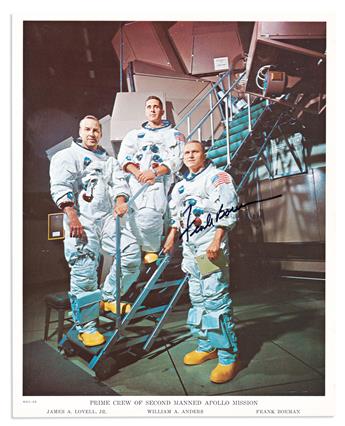 (ASTRONAUTS.) Group of 4 color Photographs Signed, or Signed and Inscribed: Buzz Aldrin * Michael Collins * James Lovell * Frank Borman